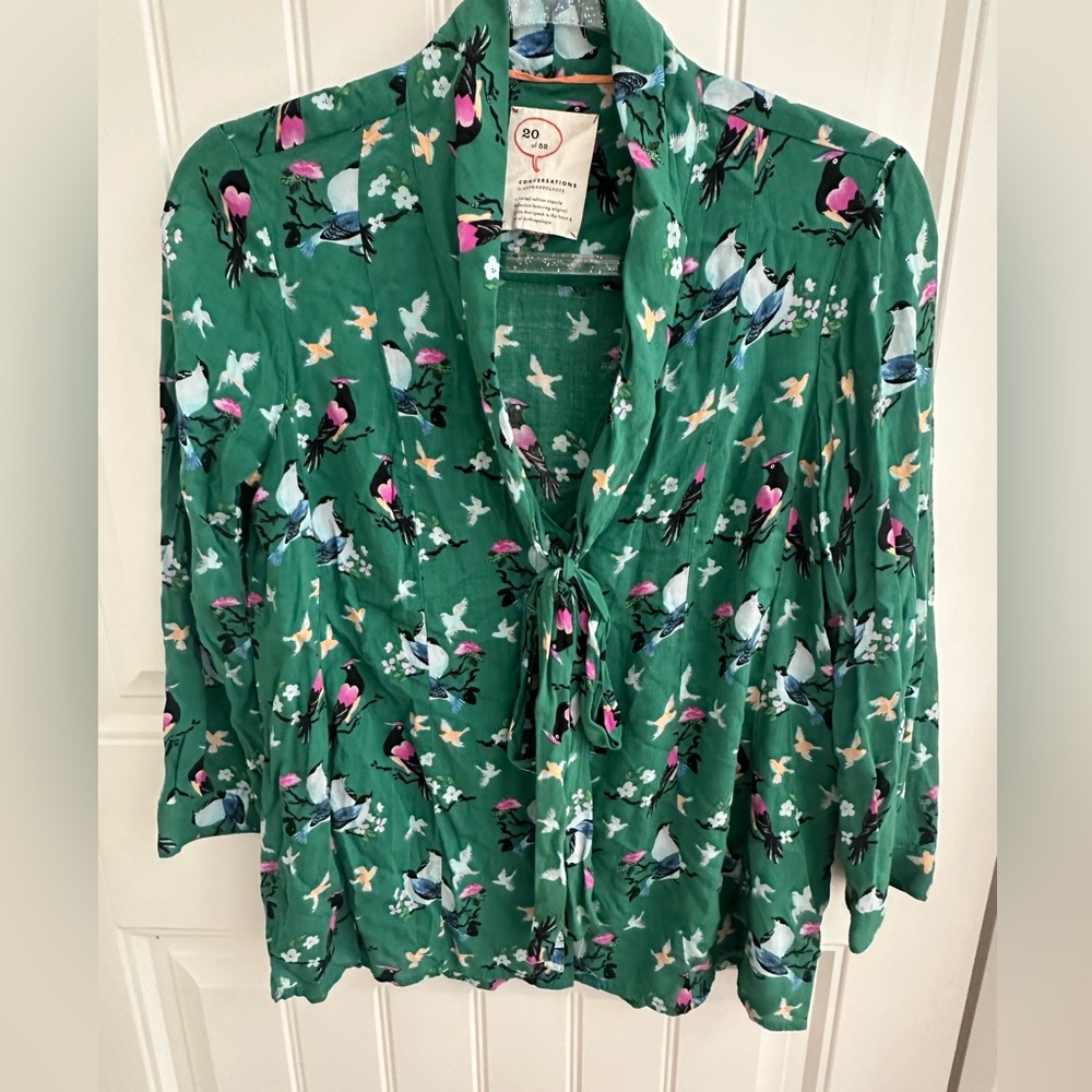 Anthropologie Green Blouse Tie Front 3/4 Sleeve